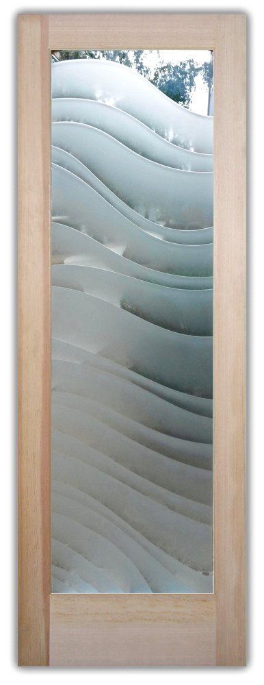 coastal style interior doors with dreamy waves design, semi-private glass interior doors for beach house showing layered wave carving