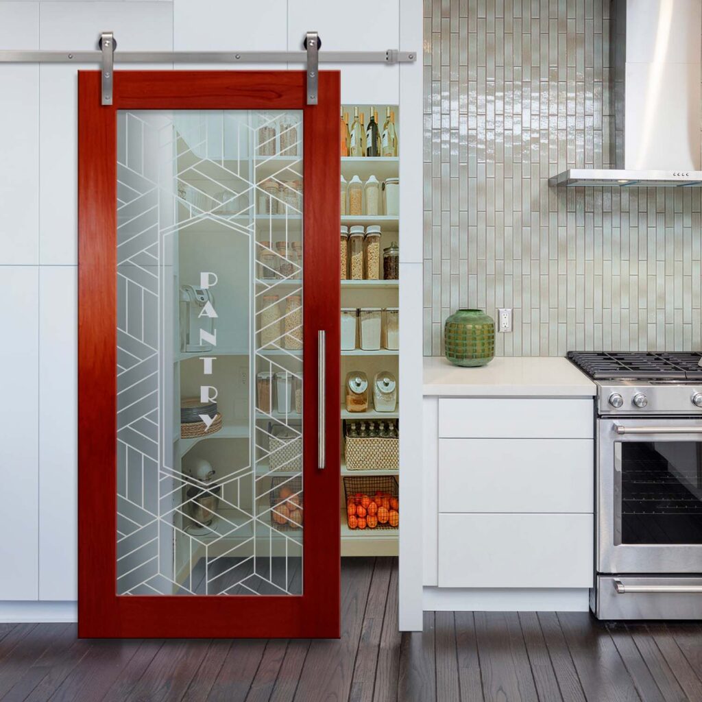 sliding glass barn door for pantry with red trim contemporary modern design 