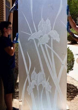 Partition featuring a Frosted Glass Floral Design Sandblast Etched Glass Iris Hummingbird Design by Sans Soucie