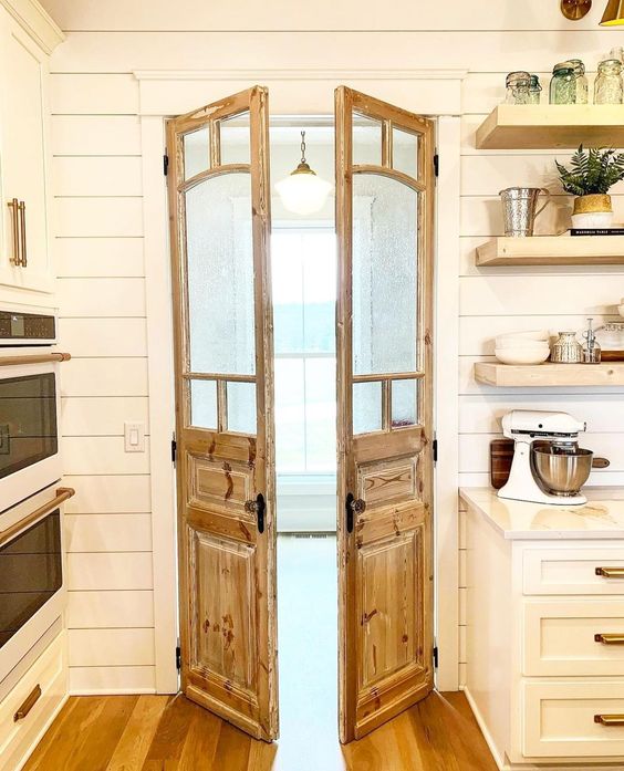 wood double French doors tall pantry cabinet doors with glass Rustic Farmhouse Style  