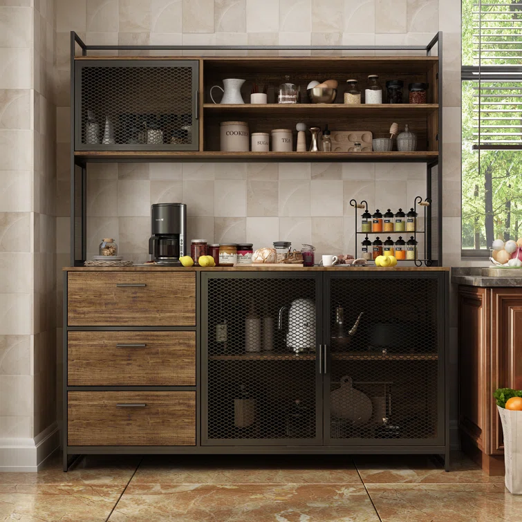 Standalone kitchen pantry rustic modern farmhouse design style. Classic wood grain design metal mesh frame door 