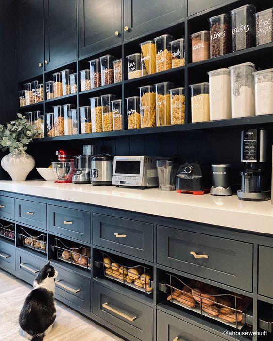 well-organized pantry with clear containers with vinyl sticker labels and wire baskets 