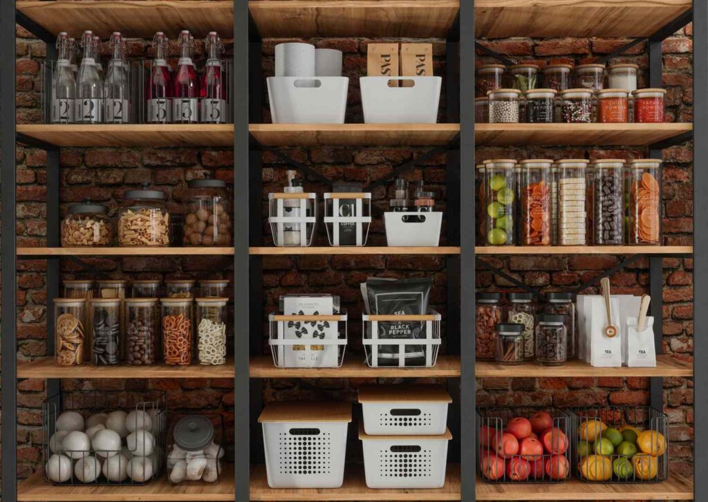 well-organized pantry with acrylic organizers white tubs and wire baskets 