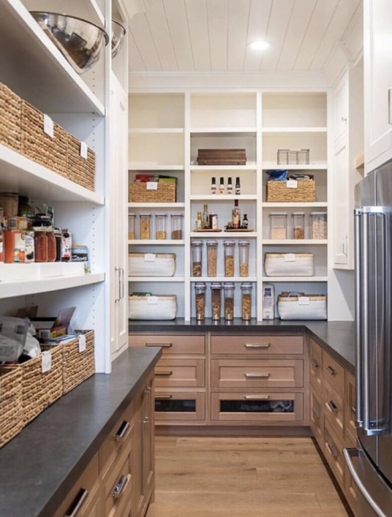 Combining Functionality and Aesthetics in Pantry Cabinet Designs with acrylic containers and woven baskets 