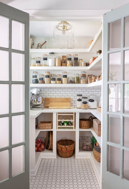 Combining Functionality and Aesthetics in Pantry Cabinet Designs double French pantry doors with acrylic containers wire and woven baskets 