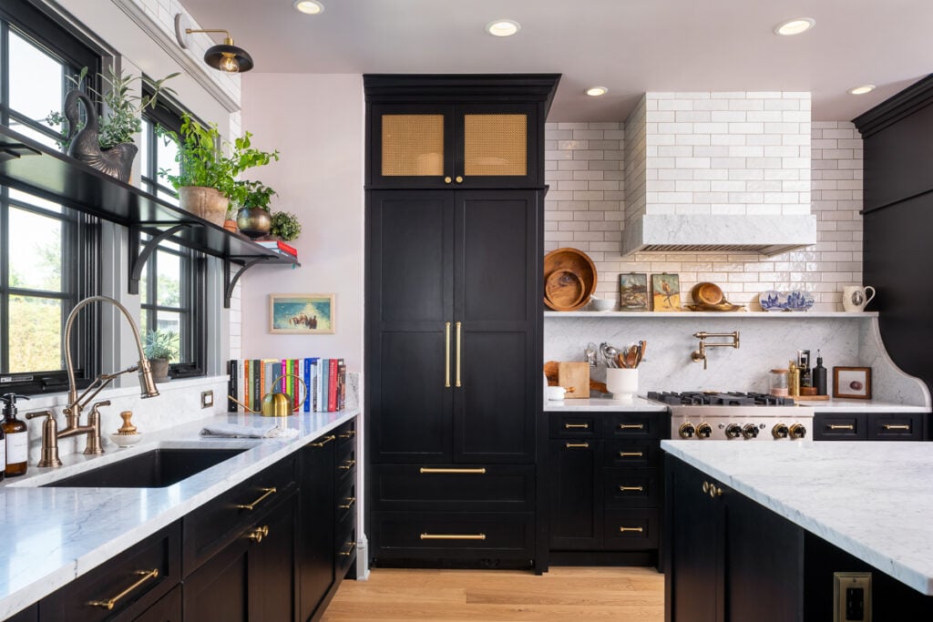 kitchen pantry door gold hardware floor to ceiling pantry black modern contemporary design style 
