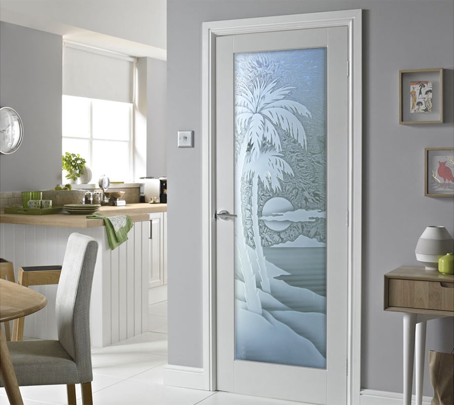 kitchen pantry door hardware Palm Sunset Semi-Private 3D Enhanced Gluechip Glass Finish Sans Soucie 