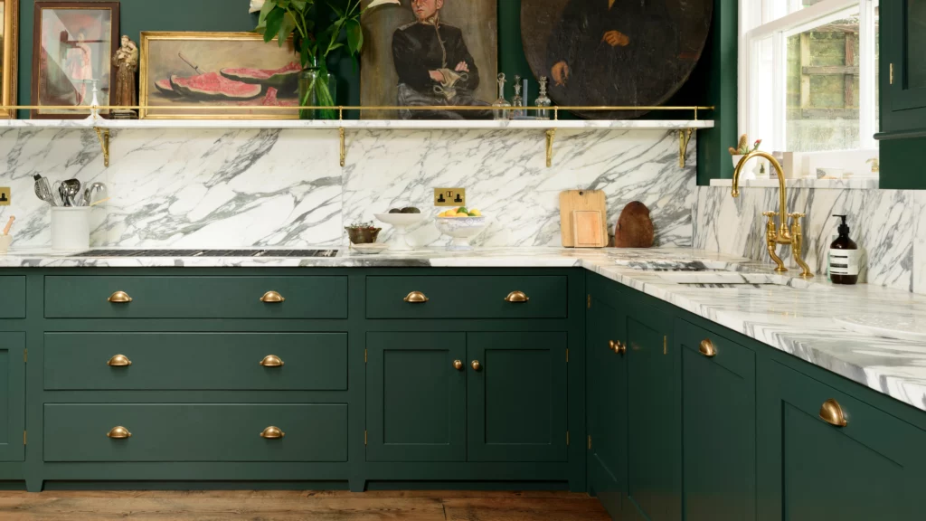 classic English kitchen dark green shaker cabinet gold hardware 