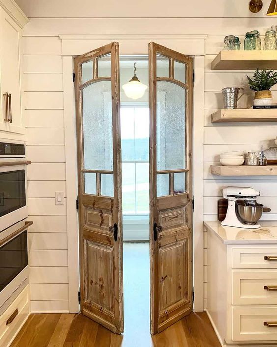 wood French prehung pantry doors with glass rustic farmhouse design style