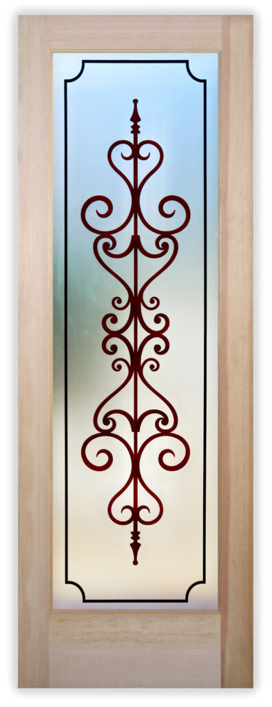 Painted glass pantry door with traditional scrollwork design
