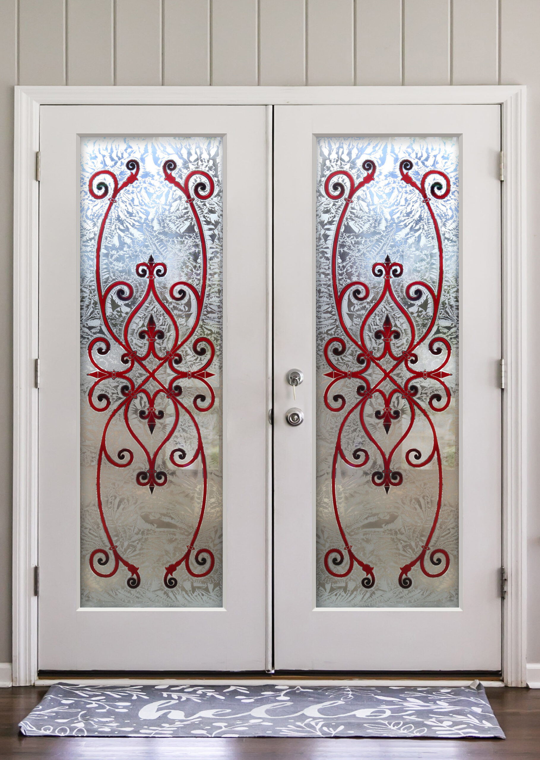Corazones Burgundy Pantry Door Semi-Private 3D Painted Gluechip Glass Interior Double Doors Wood frame slab or prehung glass door Sans Soucie