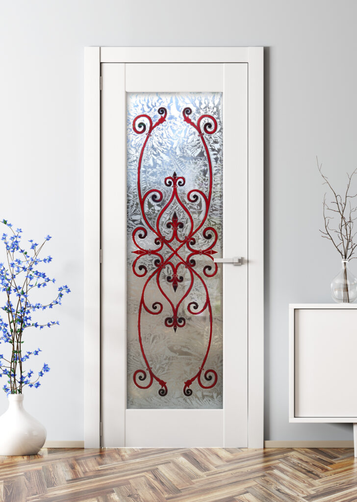 Corazones Burgundy Semi-Private 3D Painted Gluechip Glass Pantry Door Vintage Decor Sans Soucie Art Glass