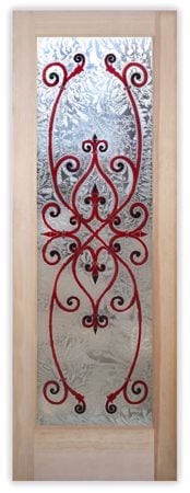 Interior Door showcasing a Frosted Glass Wrought Iron Design with Sandblast Etched Glass Art by Sans Soucie Corazones Burgundy Design
