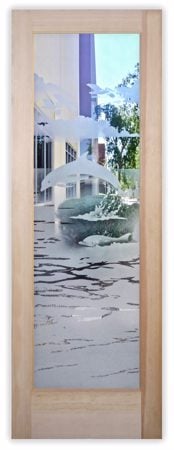 Interior Door featuring Frosted Glass Design Etched Glass by Sans Soucie Art Glass with Custom Oceanic Design Dolphins in the Shimmer