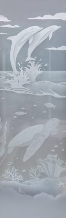 Door Glass Insert with a Frosted Glass Dolphins Leaping & Sea Turtle Oceanic Design for Private by Sans Soucie Art Glass