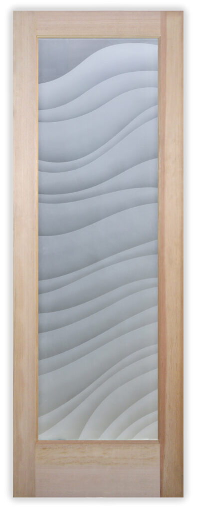 Private frosted glass door with carved wave pattern and layered sandblast shading in a light wood frame.