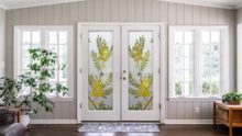 Gold Medallion Private 3D Enhanced Painted Frosted Glass Front Entry Exterior Glass Double Doors Farmhouse Decor Sans Soucie