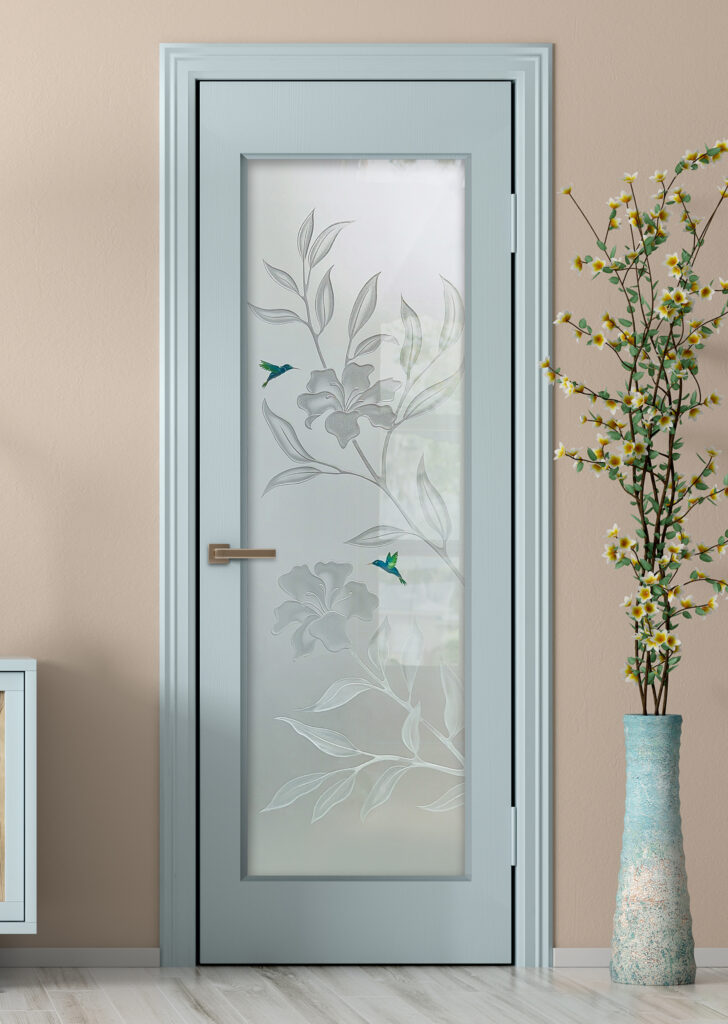 Private frosted glass door with etched Hibiscus Hummingbirds glass design