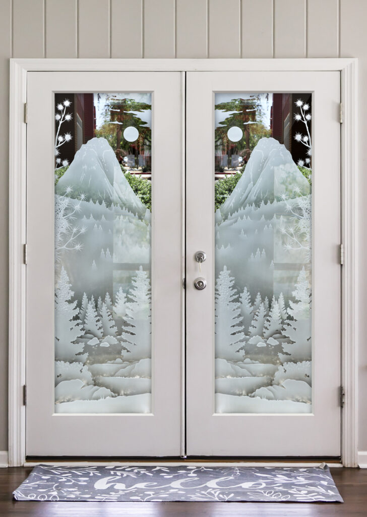 Idyllwild Tahquitz Peak pair glass doors with 3D carved frosted mountain and forest design, double entry doors