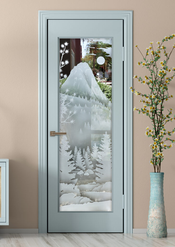 Idyllwild Tahquitz Peak glass door with 3D carved frosted mountain landscape design, single interior door