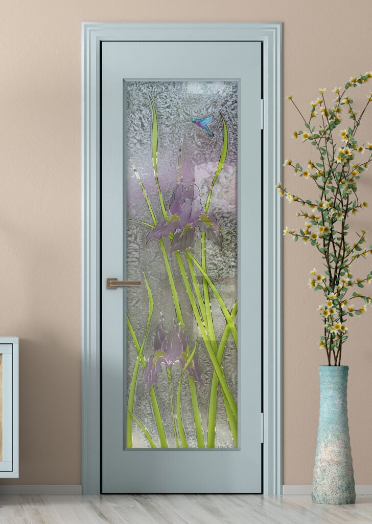 interior glass door frosted glass with with iris hummingbird 3D painted GlueChip Interior Door 