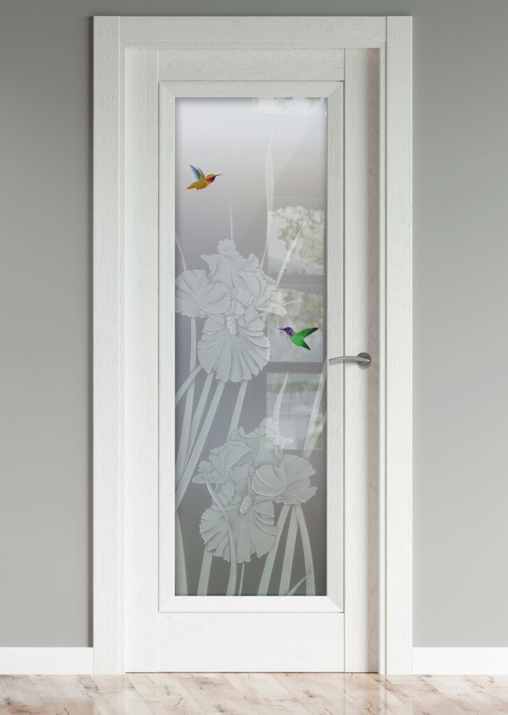 Iris Hummingbird II colored front door featuring two birds in motion with detailed frosted and painted glass for full privacy.