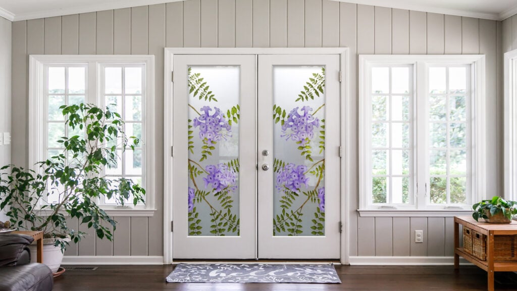 Jacaranda Floral Design Private 3D Enhanced Painted Frosted  Glass Front Entry Door For Farmhouse Decor Sans Soucie