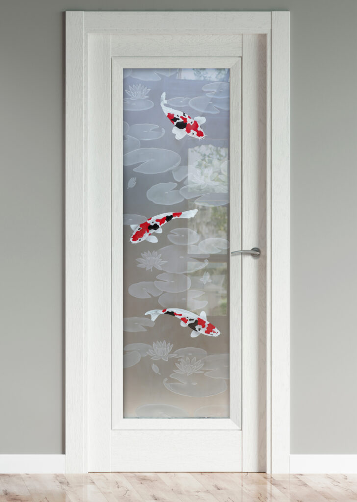 Interior Frosted Glass Doors Koi Lily Pads 3D Enhanced Painted Private Frosted Glass Bathroom Door Asian Decor Sans Soucie
