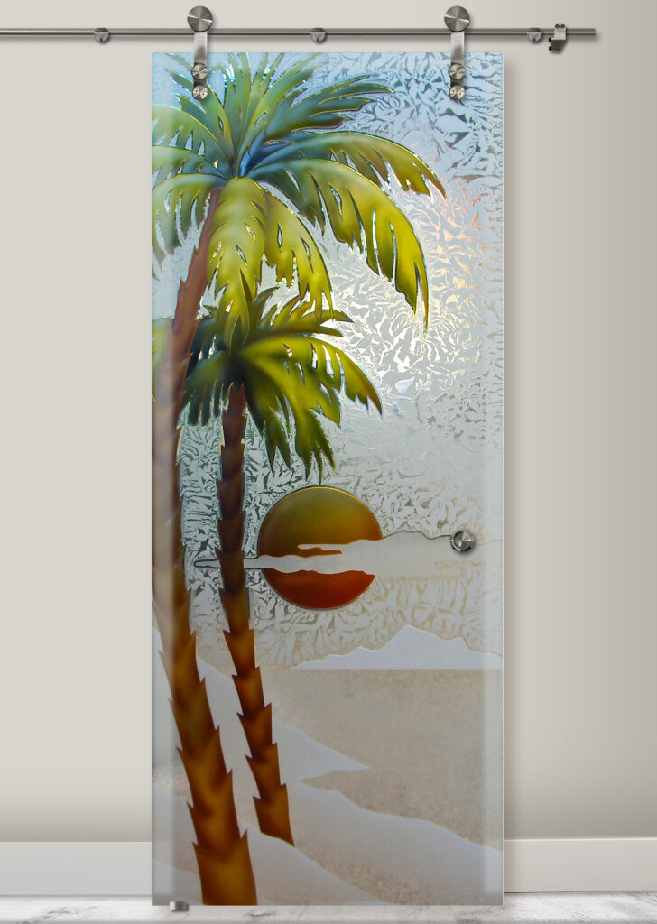 Palm Sunset Semi-Private - 3D Enhanced Painted Gluechip Sliding Glass Barn Door Tropical Coastal Design 