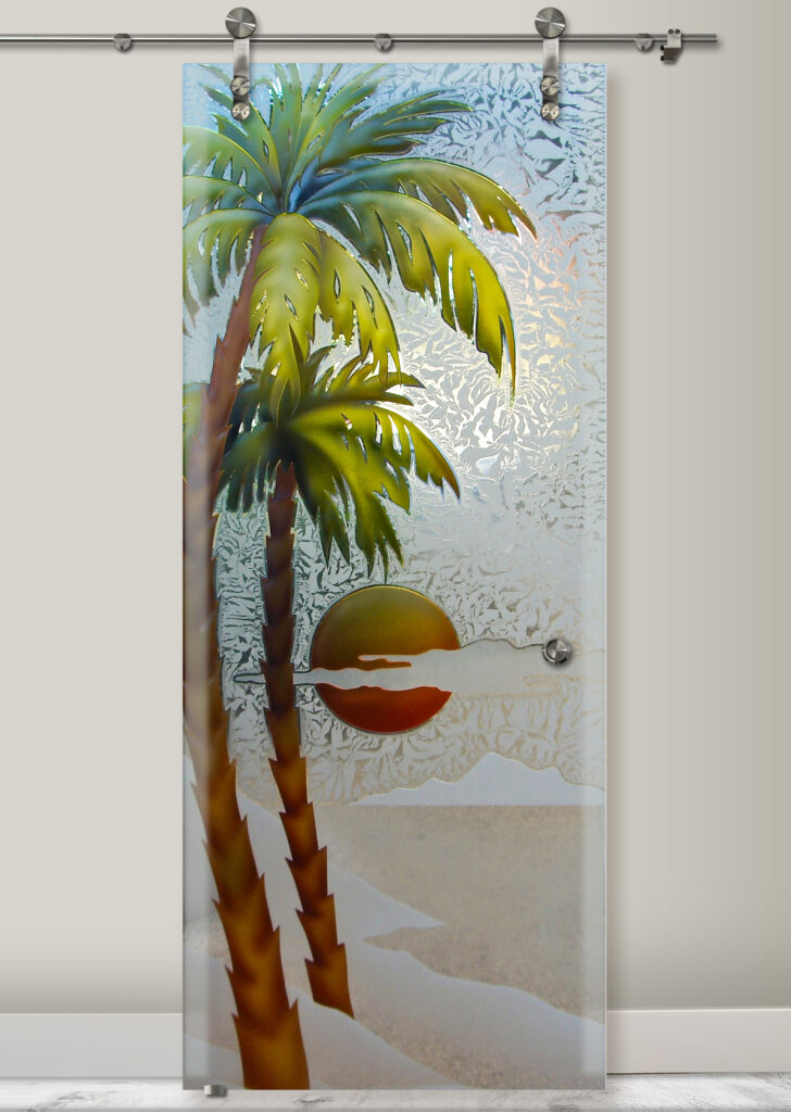 Palm Sunset Semi-Private - 3D Enhanced Painted Gluechip Sliding Glass Barn Door Tropical Coastal Design