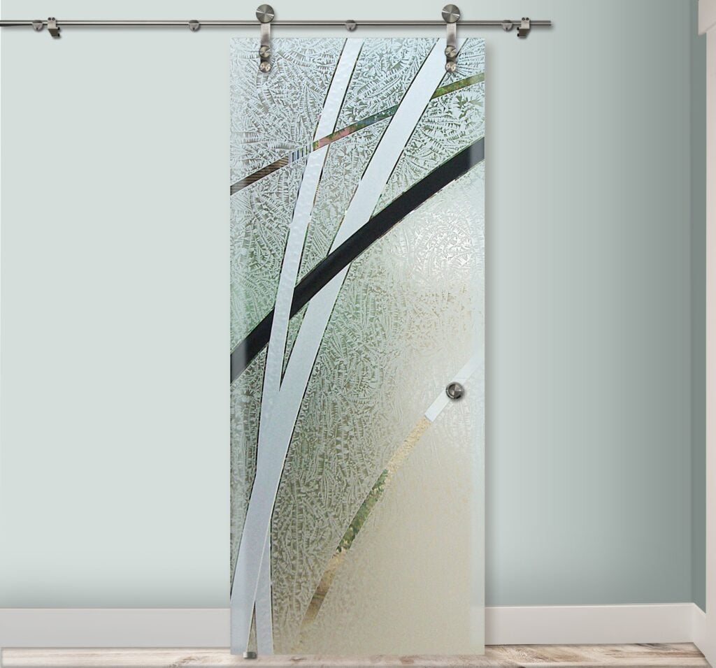 Arcos Semi-Private 3D Enhanced Painted Gluechip Sliding Glass Barn Doors Modern Contemporary Design Glass Barn Door