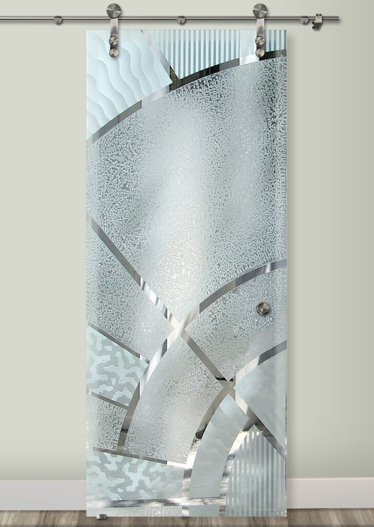 Matrix Arcs Semi-Private 3D Enhanced GlueChip Negative Frosted Glass Finish Sliding Glass Barn Doors Geometric Modern Design 