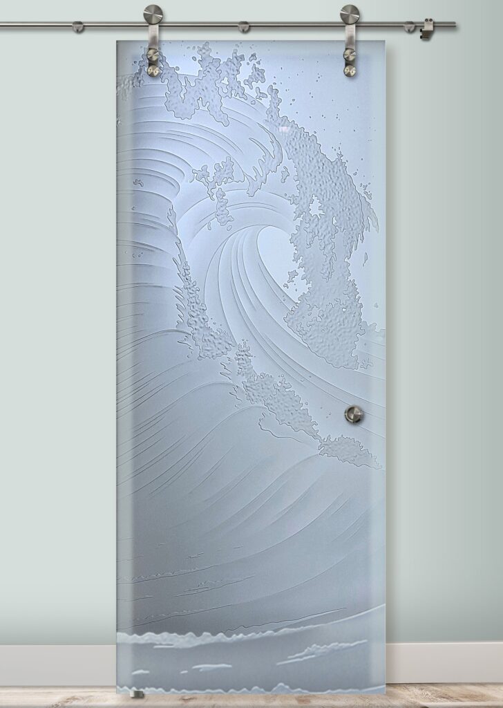Curl Private 3D Enhanced Frosted Sliding Glass Barn Doors Oceanic Wave Coastal Design