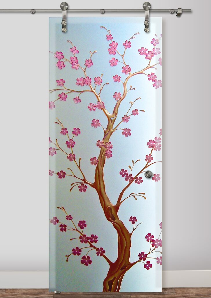 Delicate Cherry Blossom Private - 3D Enhanced Painted Frosted Sliding Glass Barn Doors Asian Design