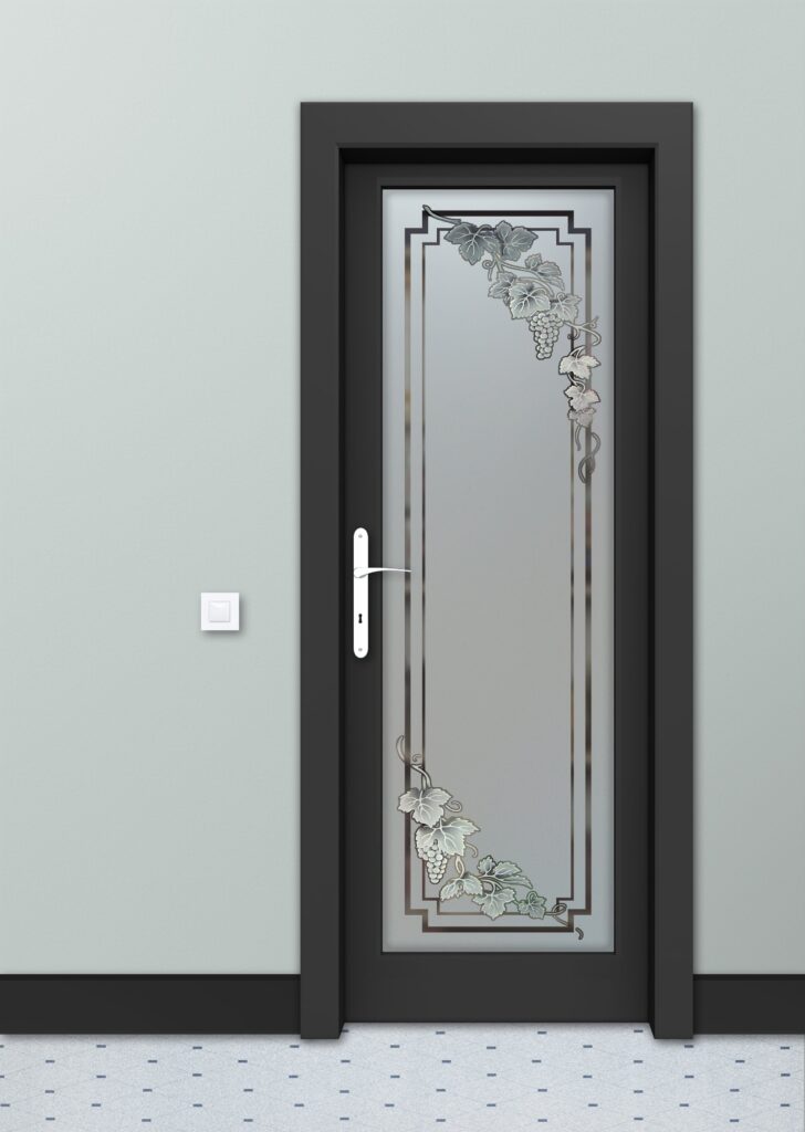 Vineyard Grapes Cascade Semi-Private 2D Negative Frosted Glass Pantry Doors Tuscan Design