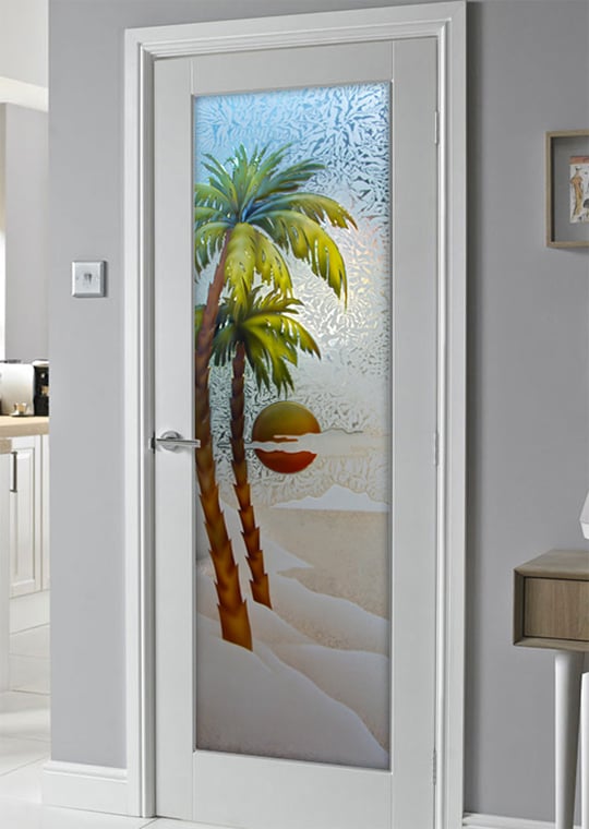 Palm Sunset Semi-Private 3D Enhanced Painted Gluechip Glass Pantry Door Coastal Tropical Design