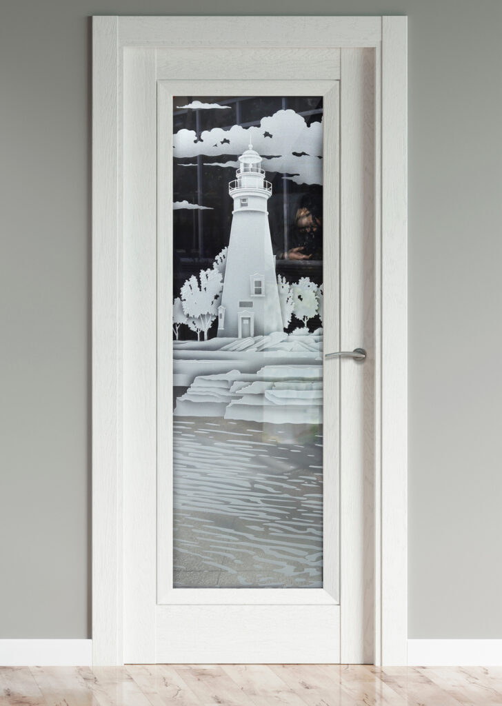 Marblehead Lighthouse Pantry Door Glass Effect  Semi-Private 3D Enhanced Clear Glass Finish Oceanic Beach Decor Style Sans Soucie 