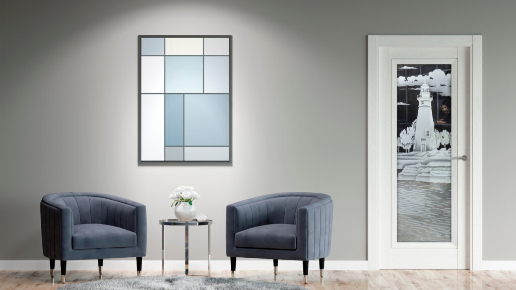 Beach-style artistic glass door featuring layered lighthouse carving, elegant coastal door art ideas for modern homes.