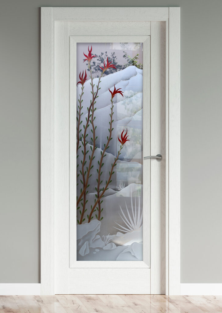 Red flower and mountain landscape frosted glass bathroom door with etched and painted design for an artistic touch.