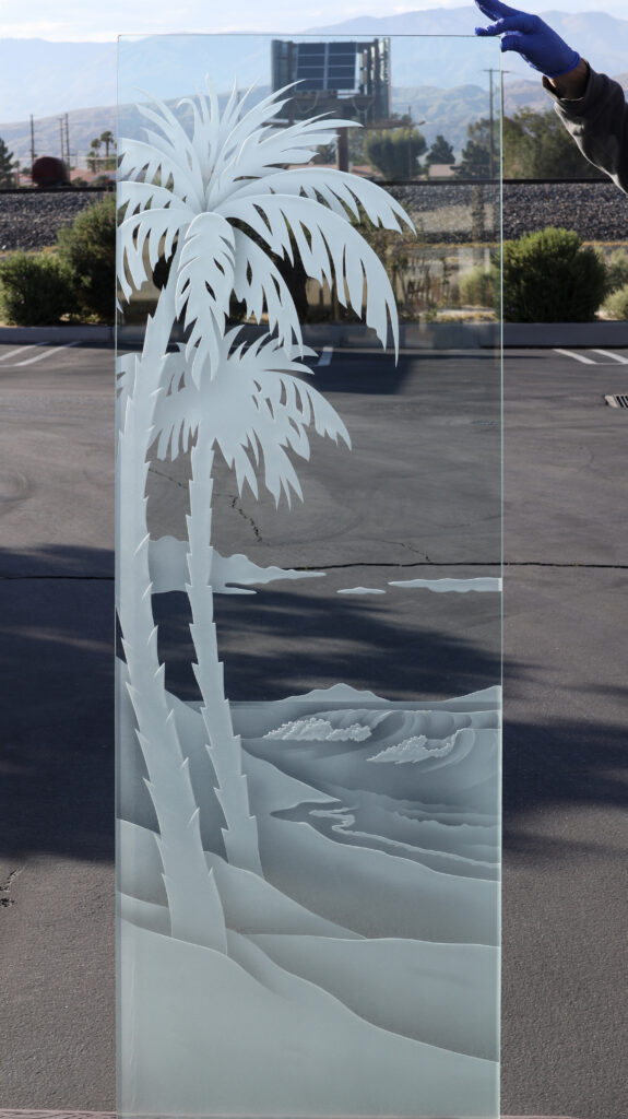 Frosted sandblasted design on a clear glass panel Palm Beach