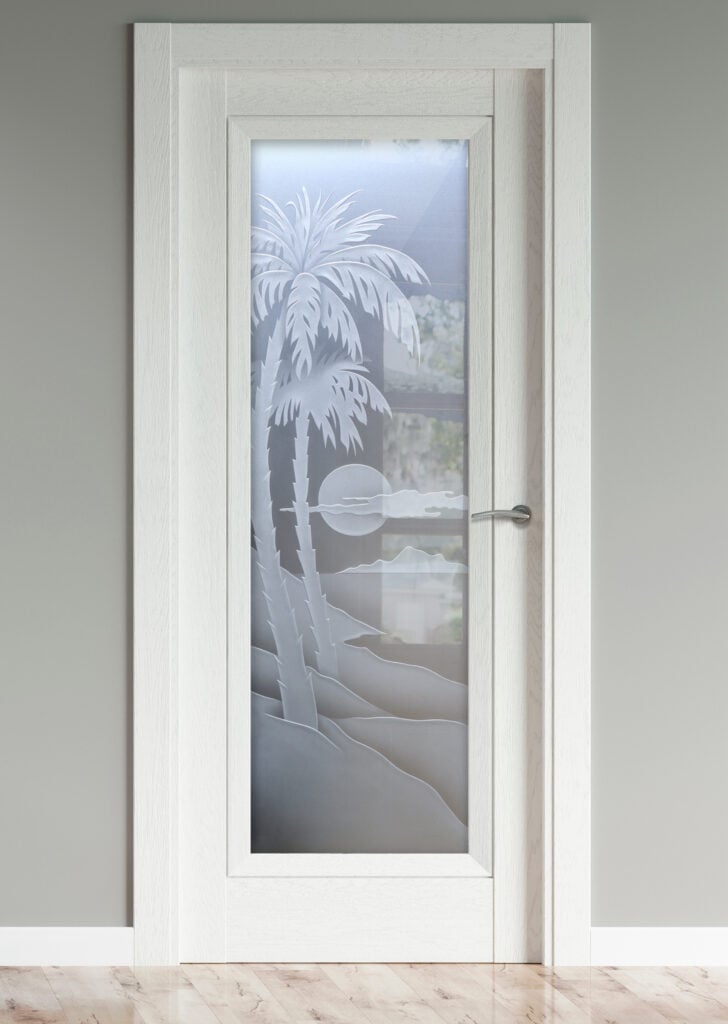 Palm Sunset Pantry Door Private 3D Enhanced Frosted Glass Finish Glass Pantry Doors Sans Soucie