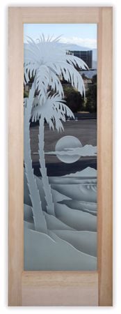 Interior Door showcasing a Frosted Glass Palm Trees Design with Sandblast Etched Glass Art by Sans Soucie Palm Sunset Waves Design