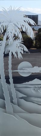Door Glass Insert showcasing a Frosted Glass Palm Trees Design with Sandblast Etched Glass Art by Sans Soucie Palm Sunset Waves Design