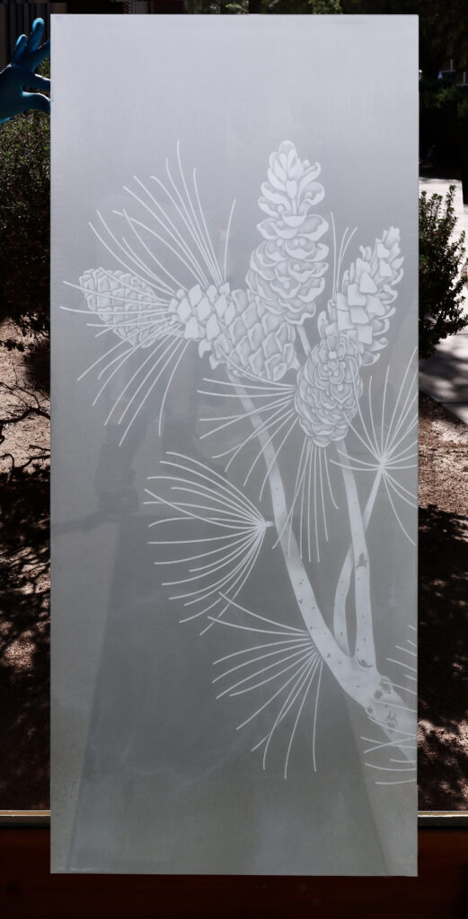 Frosted glass partition panel with pine cone branch design, showcasing elegant privacy glass artwork inspired by nature and woodland themes.