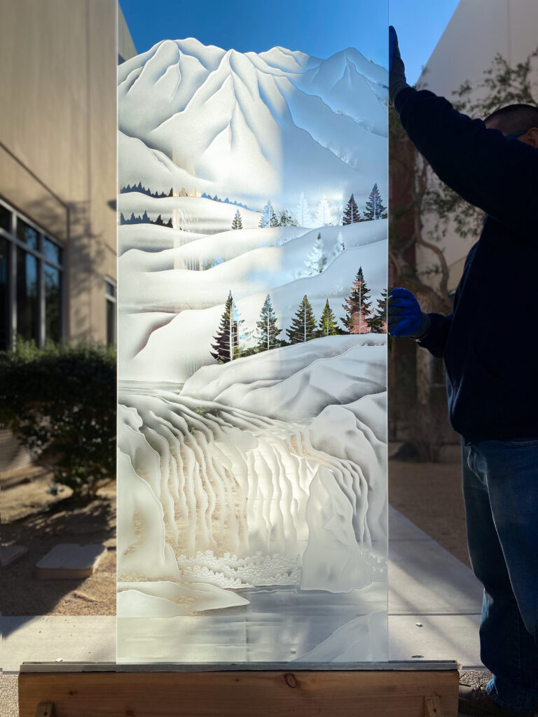Pine Falls 3D Carved & Shaded glass partition panel