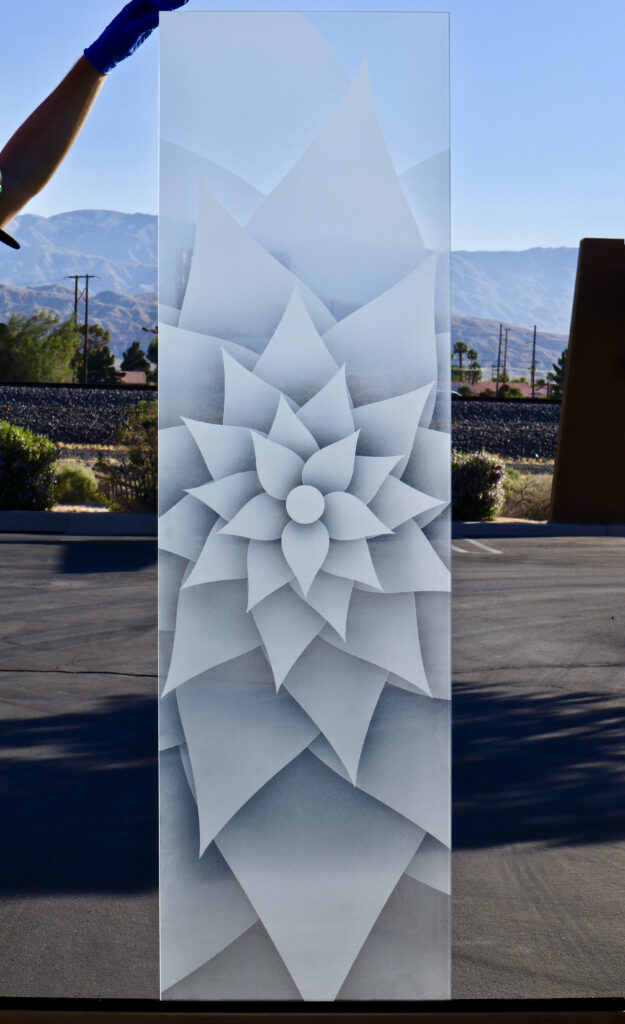 Modern glass doors panel with layered rose petal design, soft frosted glass, and elegant privacy for decorative entrances.