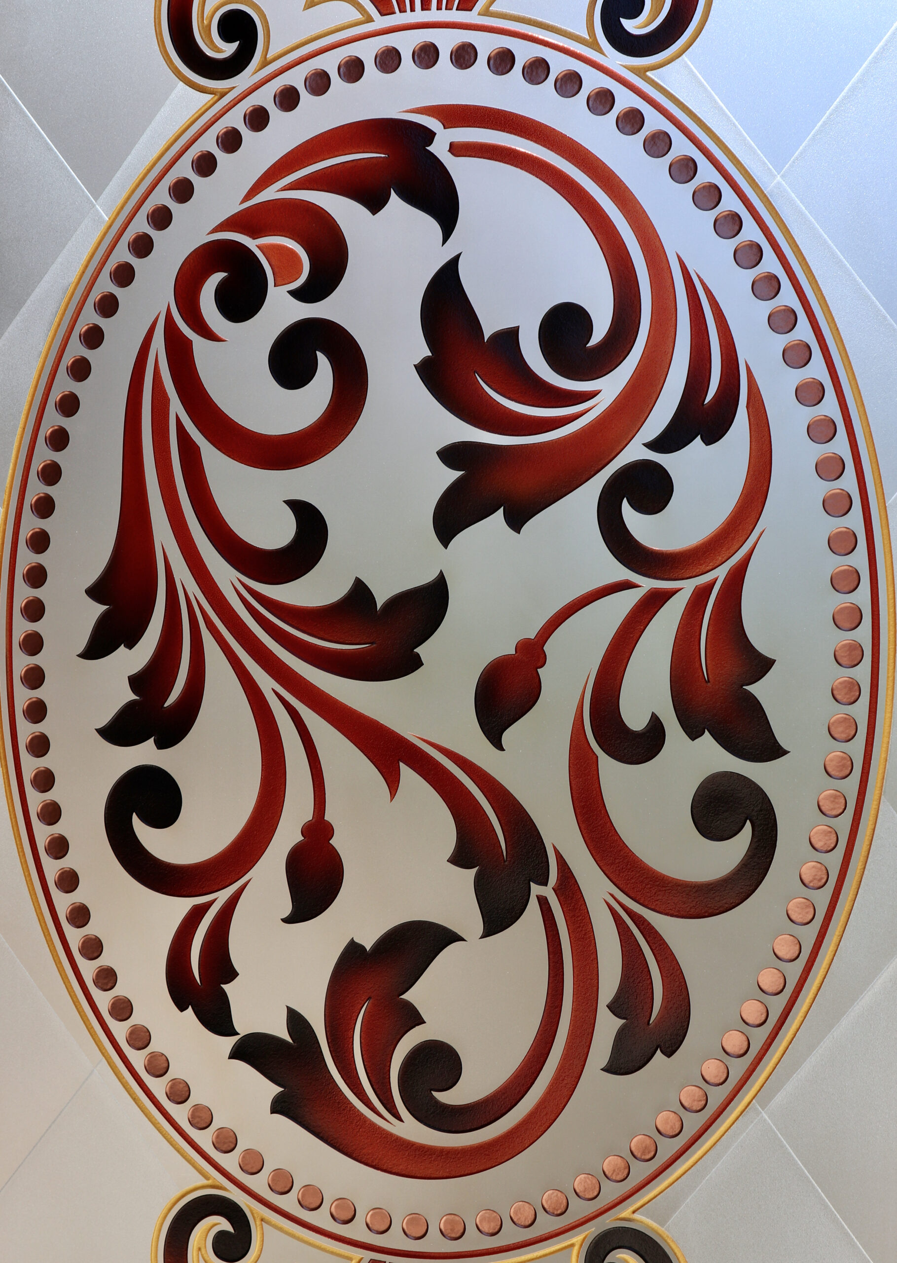 Close-up of Royal Filigree colored front door showing detailed scrollwork and painted accents carved into frosted glass.
