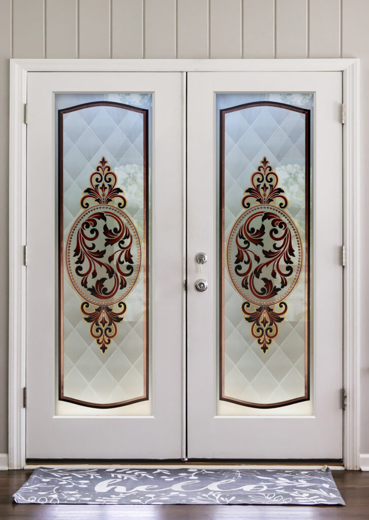 Royal Filigree Private 3D Enhanced Painted Frosted Glass Finish Pantry Door Double Door Pairs Glass Pantry Doors Sans Soucie
