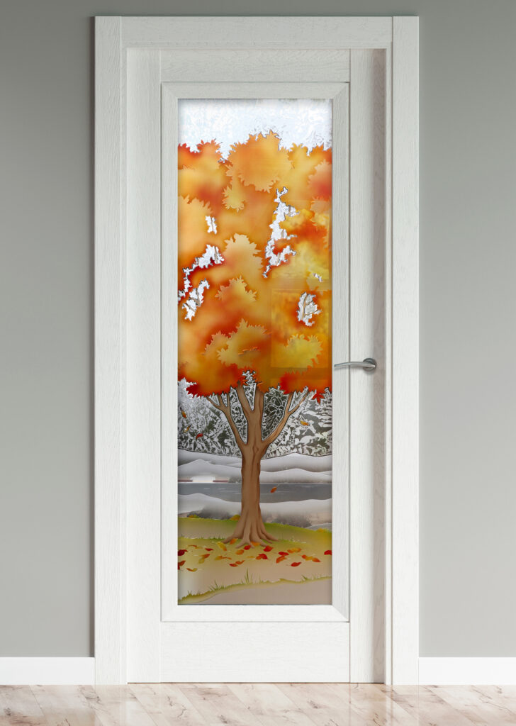 Painted pantry door with frosted glass and orange painted autumn tree design