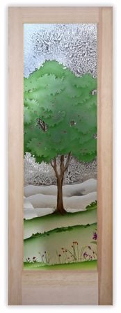 Interior Door showcasing a Frosted Glass Tree Design with Sandblast Etched Glass Art by Sans Soucie Seasons Spring Design